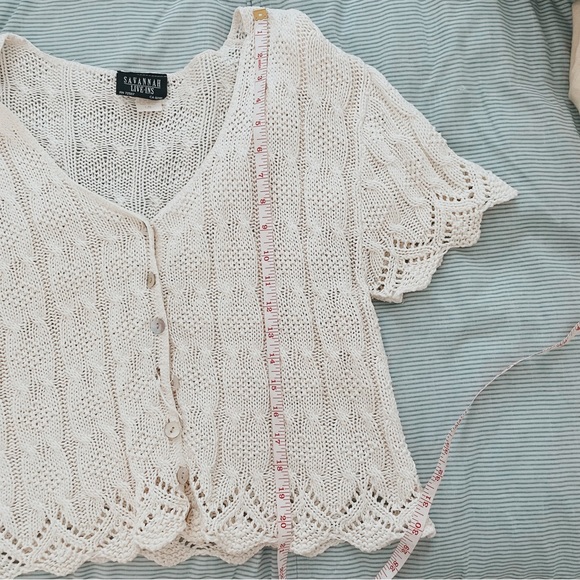 Vintage Knit Crop Short-Sleeve Cardigan, White Cotton Crochet Summer Top - Picture 6 of 8